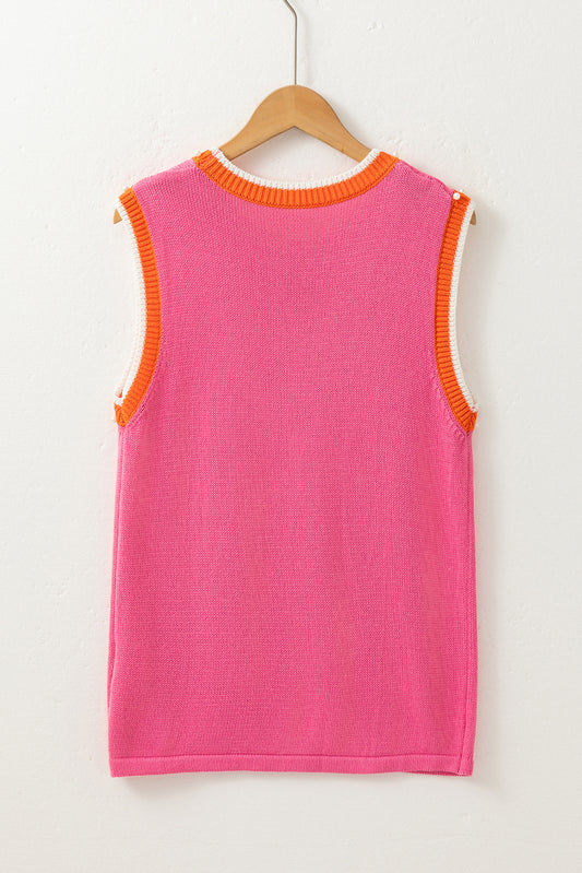 Bright Pink Contrast Trim Pearl Detail Sweater Tank Top
