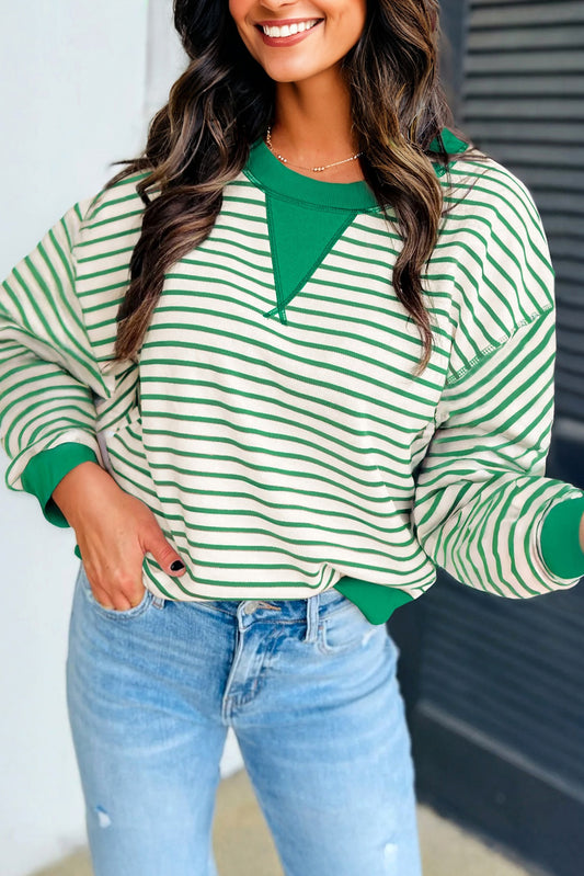 Bright Green Striped Exposed Seam Patchwork Loose Pullover Top