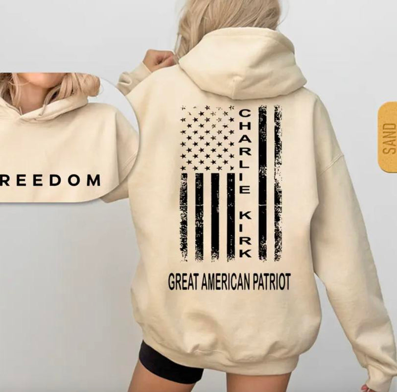 Charlie Kirk Great American Patriot Hoodie, Memorial Tribute Hoodie with US Flag Graphic, Pray for Charlie Kirk Hoodie, FREEDOM Hoodie - a True Patriot Charlie Kirk