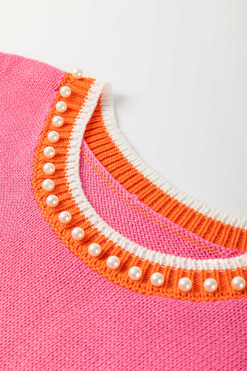 Bright Pink Contrast Trim Pearl Detail Sweater Tank Top