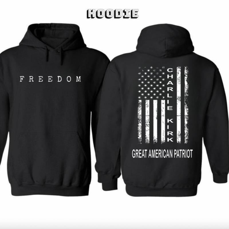 Charlie Kirk Great American Patriot Hoodie, Memorial Tribute Hoodie with US Flag Graphic, Pray for Charlie Kirk Hoodie, FREEDOM Hoodie - a True Patriot Charlie Kirk