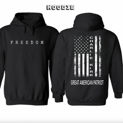 Charlie Kirk Great American Patriot Hoodie, Memorial Tribute Hoodie with US Flag Graphic, Pray for Charlie Kirk Hoodie, FREEDOM Hoodie - a True Patriot Charlie Kirk