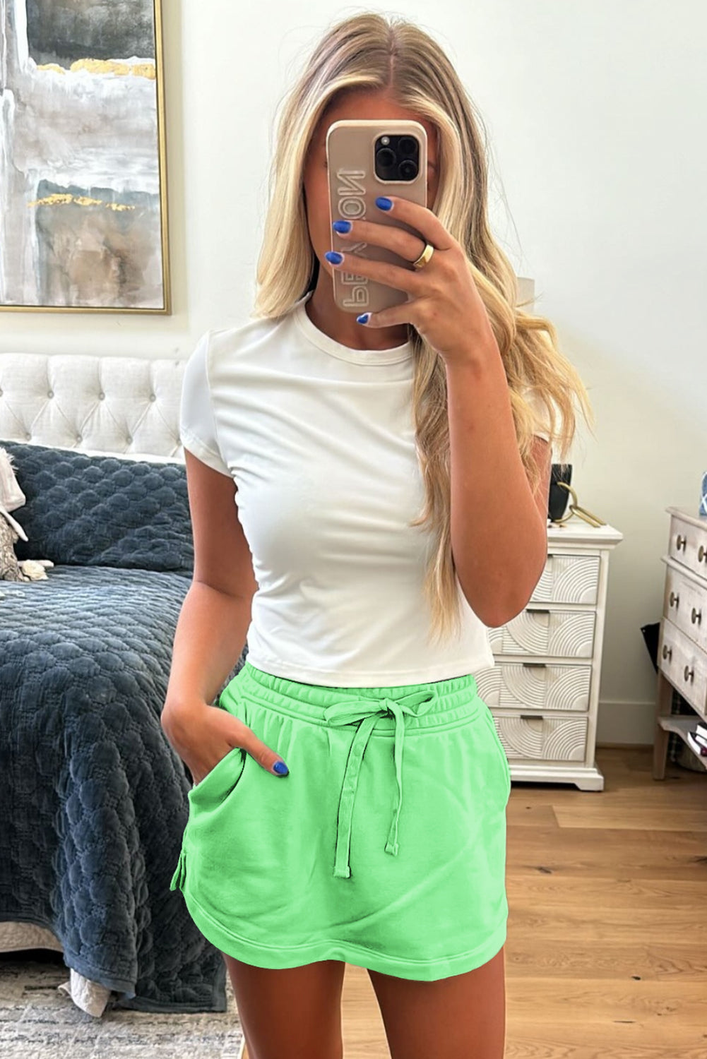 Light Green French Terry Drawstring Elastic Waistband Mini Skort with Pockets