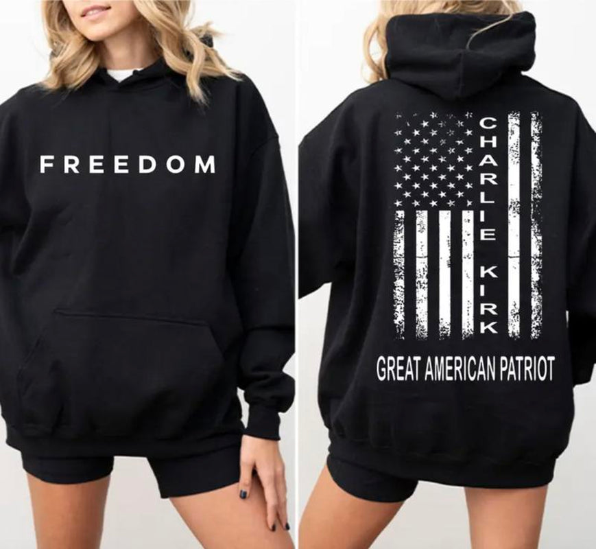 Charlie Kirk Great American Patriot Hoodie, Memorial Tribute Hoodie with US Flag Graphic, Pray for Charlie Kirk Hoodie, FREEDOM Hoodie - a True Patriot Charlie Kirk