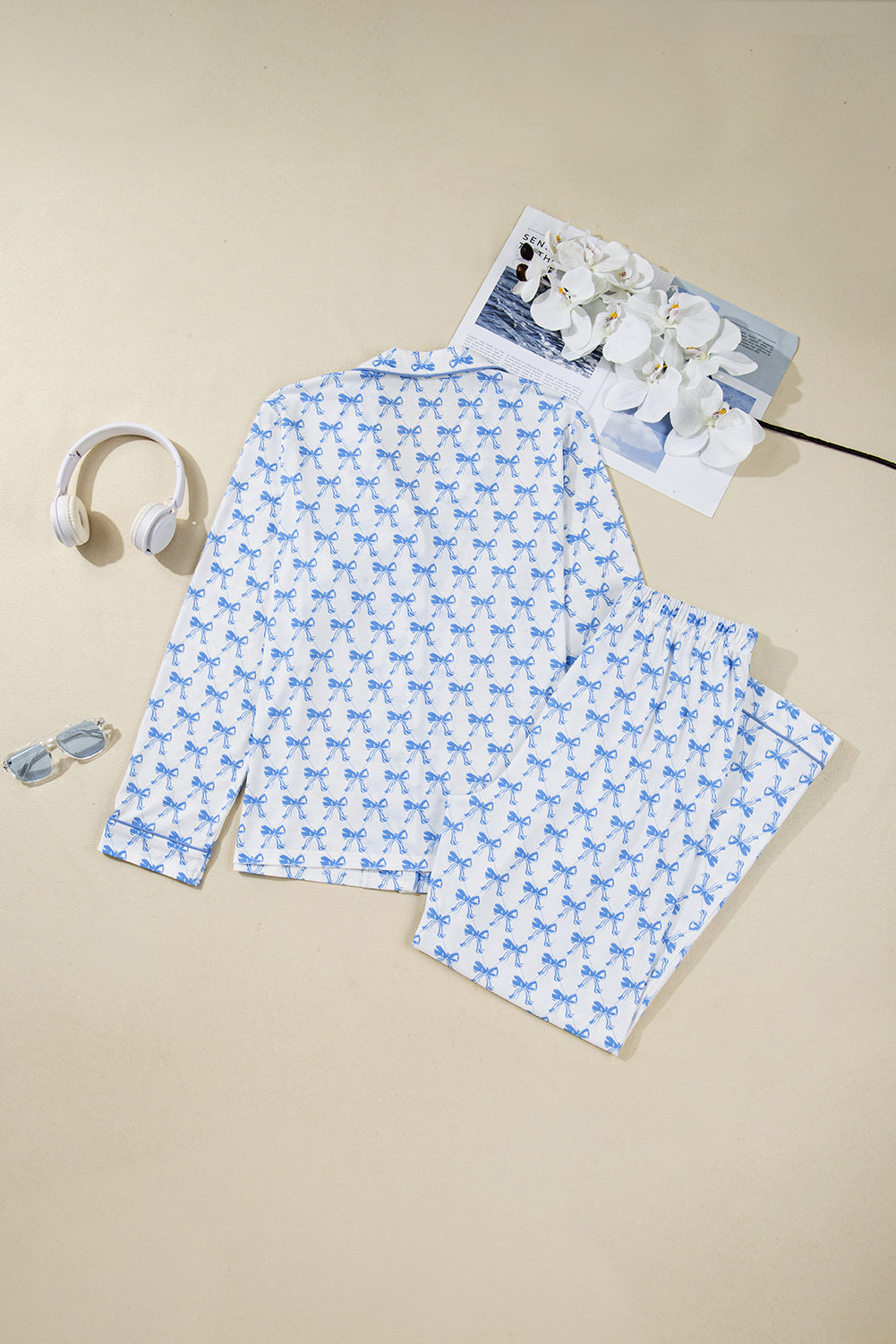Sky Blue Bow Print Long Sleeve Shirt and Pants Soft Pajama Set