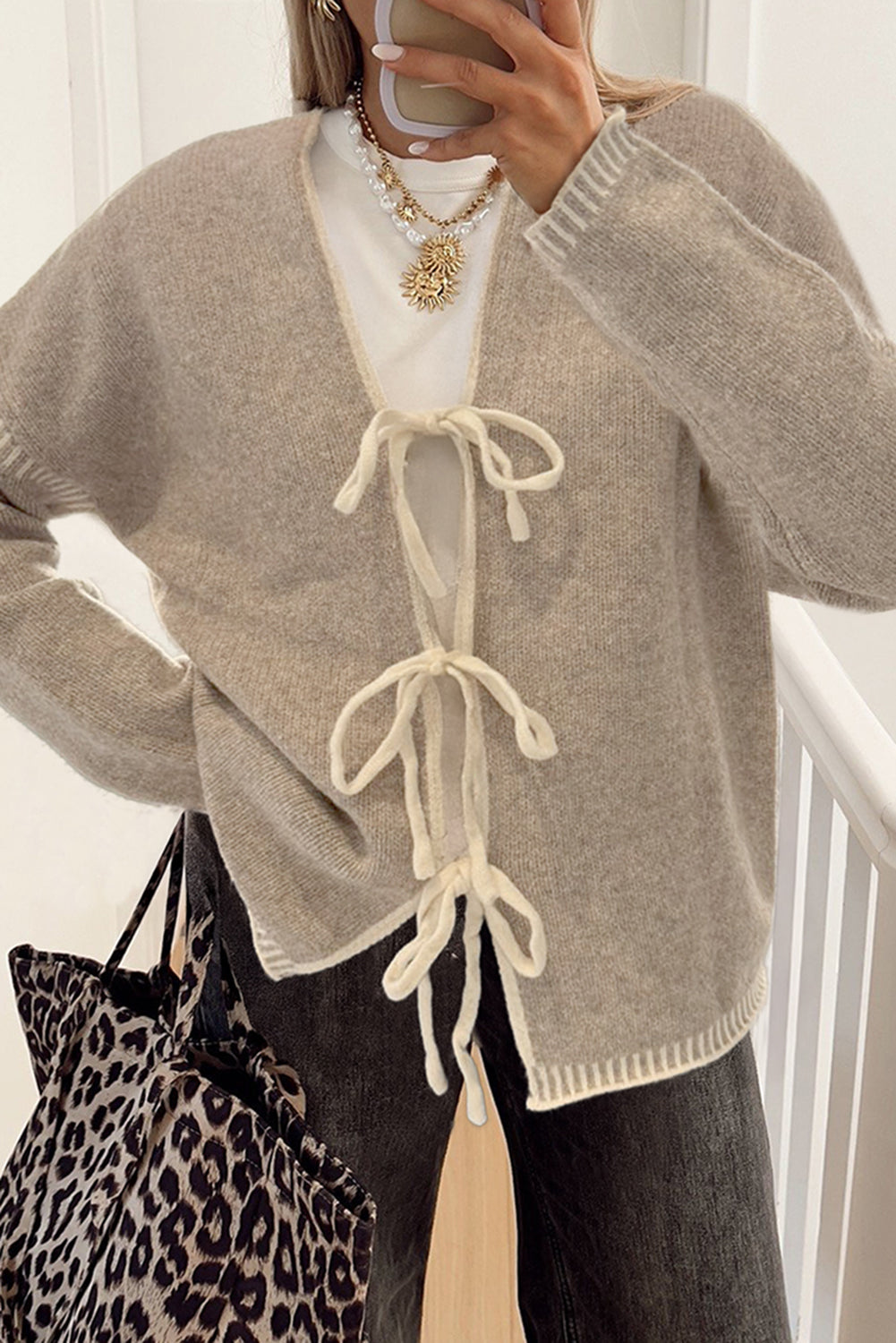 Pale Khaki Tied Front Drop Shoulder Chunky Casual Cardigan