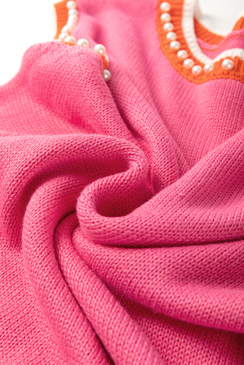 Bright Pink Contrast Trim Pearl Detail Sweater Tank Top