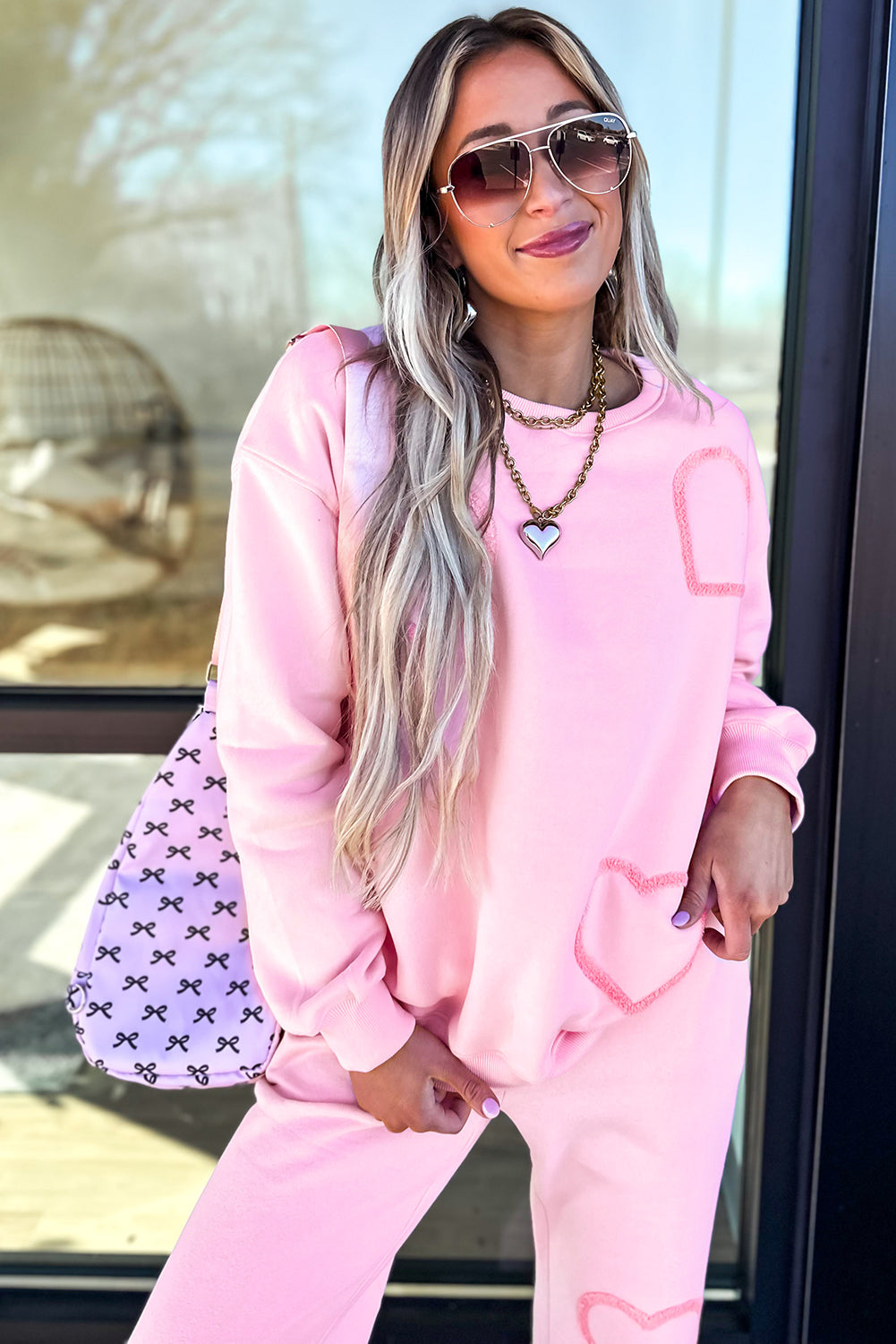 Phalaenopsis Chenille Heart Pattern Casual 2pcs Pants Set