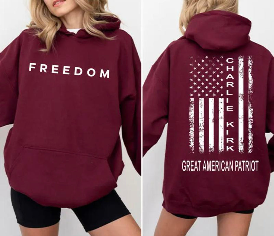 Charlie Kirk Great American Patriot Hoodie, Memorial Tribute Hoodie with US Flag Graphic, Pray for Charlie Kirk Hoodie, FREEDOM Hoodie - a True Patriot Charlie Kirk